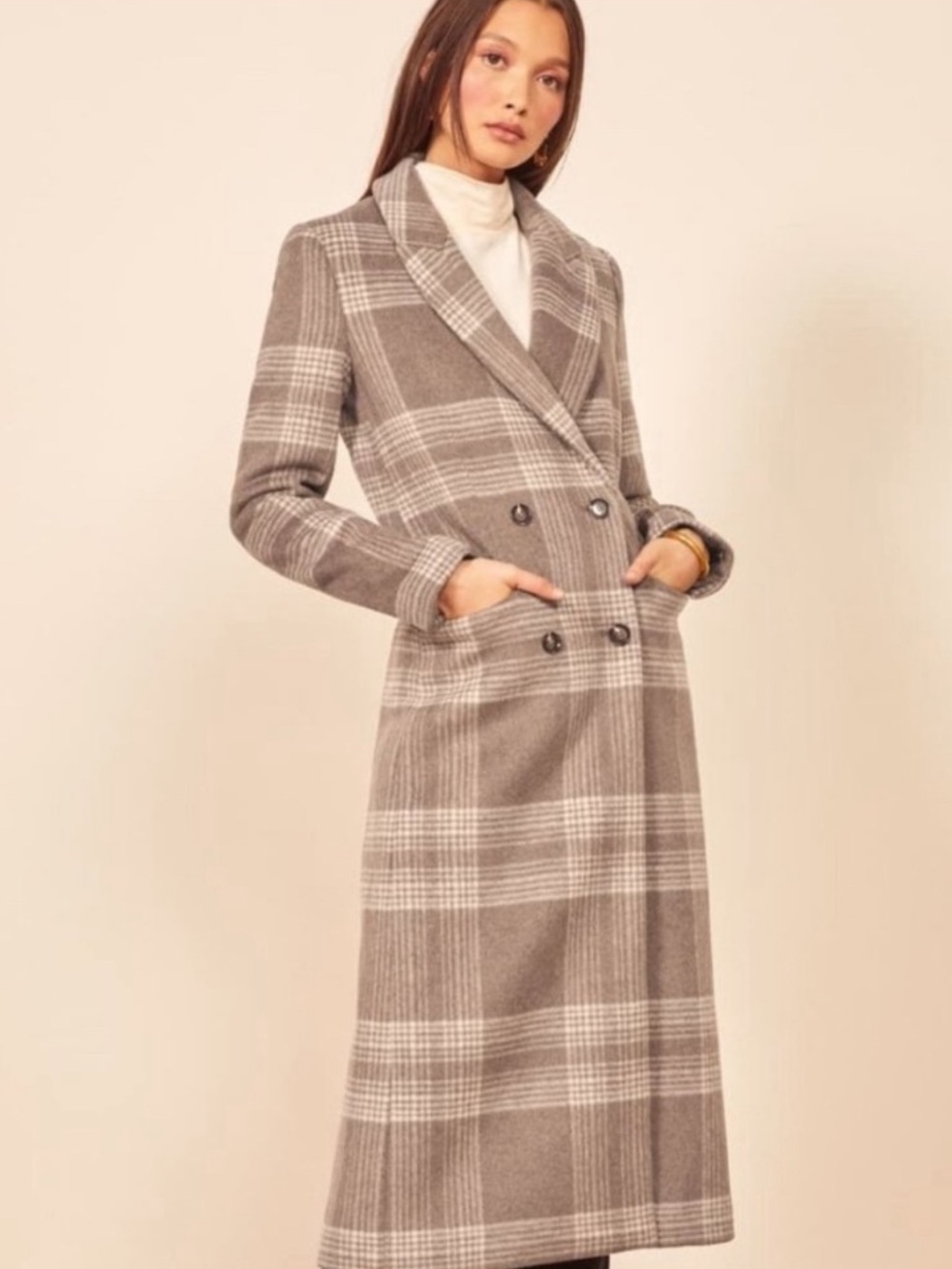 Reformation York Double Breasted Wool Blend Long Coat Brown Plaid Small - Picture 2 of 10
